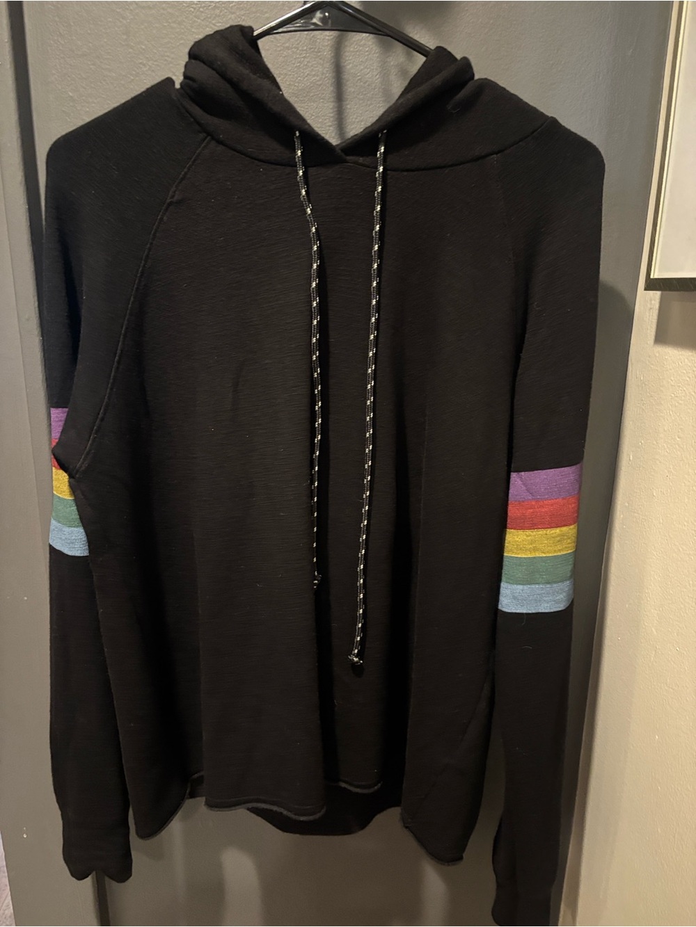 Sundry Black Crewneck Hoodie Sweater with Rainbow Sleeve Stripes
